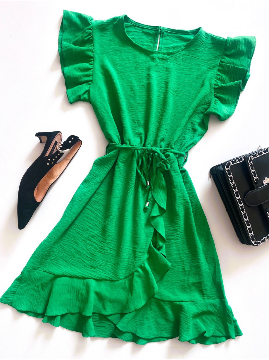 Rochie de zi scurta verde cu volanase la manecute si format parte peste parte