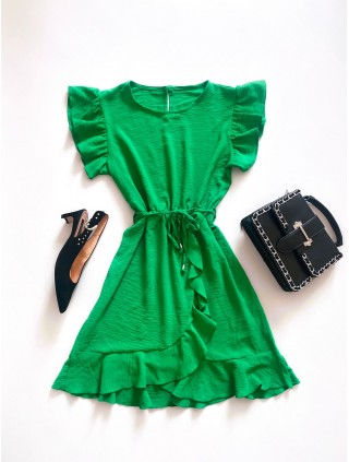 Rochie de zi scurta verde cu volanase la manecute si format parte peste parte