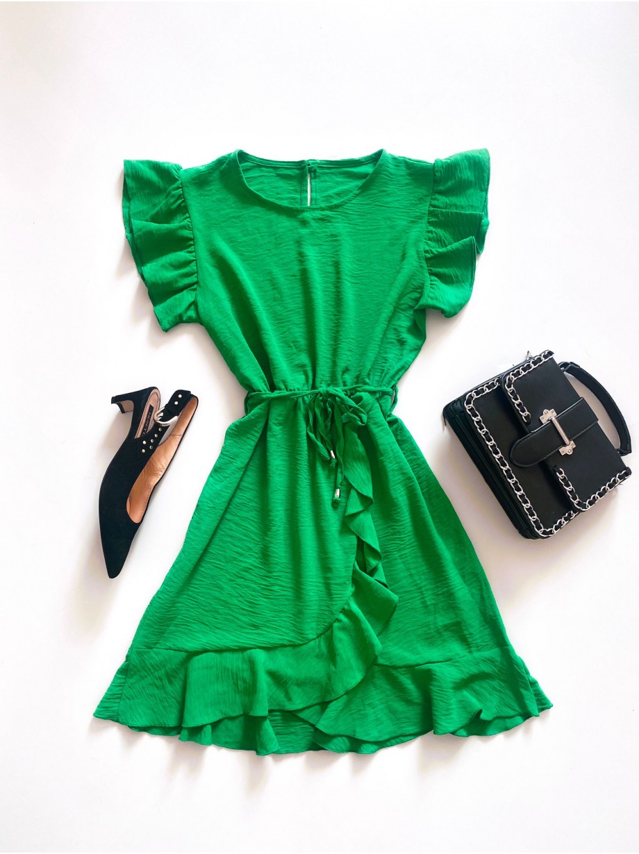Rochie de zi scurta verde cu volanase la manecute si format parte peste parte