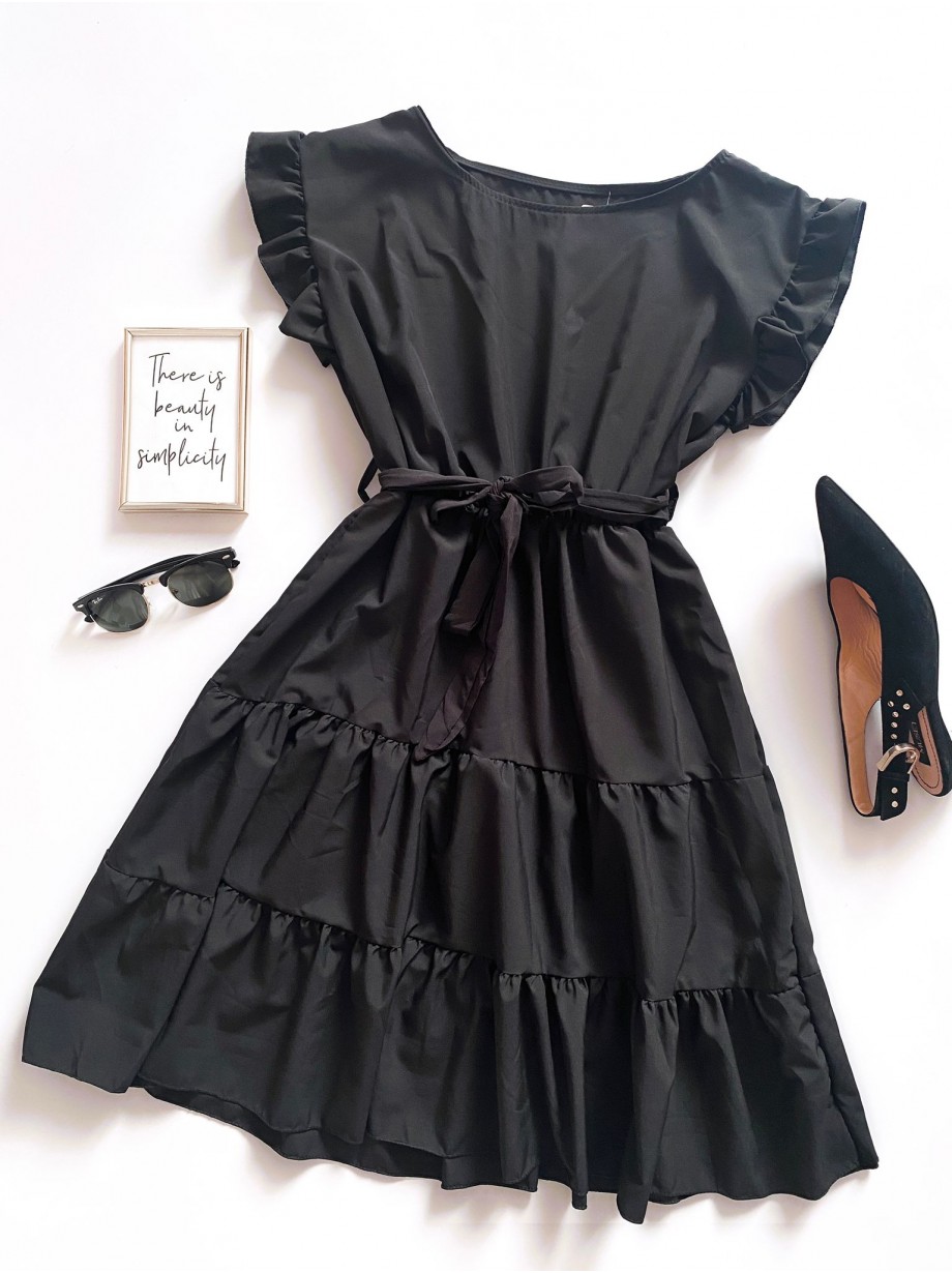 Rochie de zi scurta neagra cu volanase la manecute