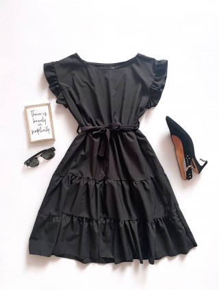 Rochie de zi scurta neagra cu volanase la manecute