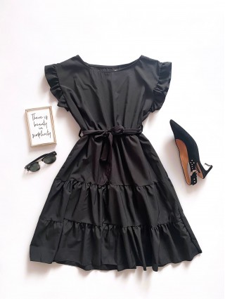 Rochie de zi scurta neagra cu volanase la manecute
