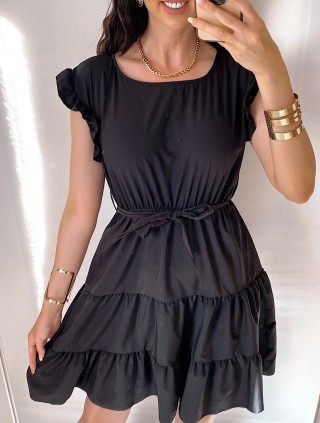 Rochie de zi scurta neagra cu volanase la manecute