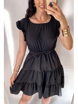 Rochie de zi scurta neagra cu volanase la manecute