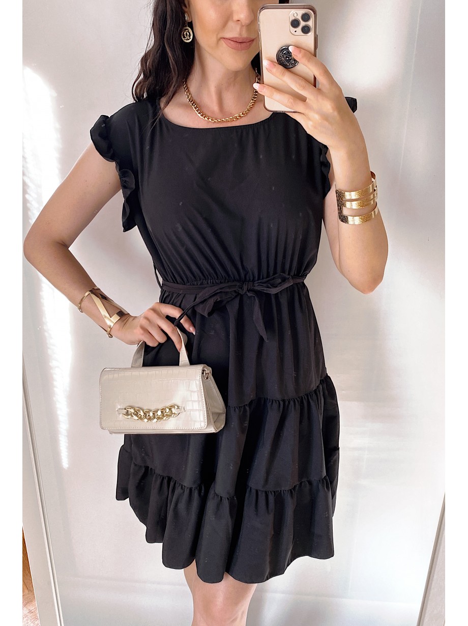 Rochie de zi scurta neagra cu volanase la manecute