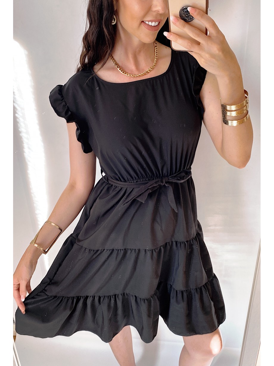 Rochie de zi scurta neagra cu volanase la manecute
