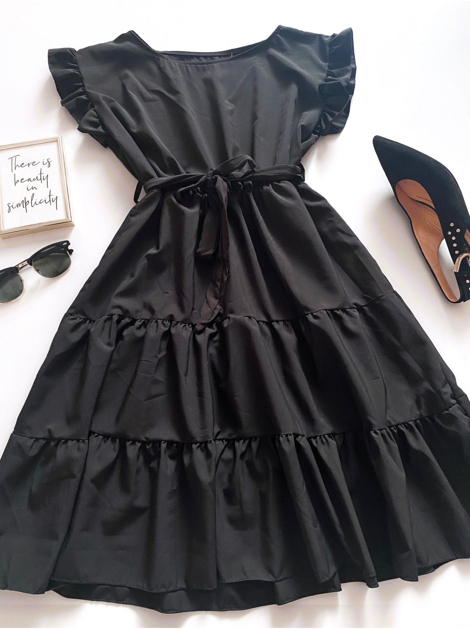 Rochie de zi scurta neagra cu volanase la manecute
