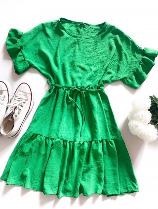 Rochie de zi scurta verde cu volanase la maneci