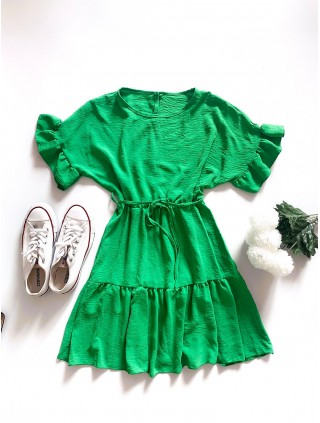 Rochie de zi scurta verde cu volanase la maneci