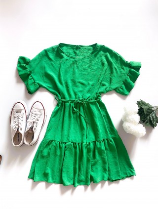 Rochie de zi scurta verde cu volanase la maneci