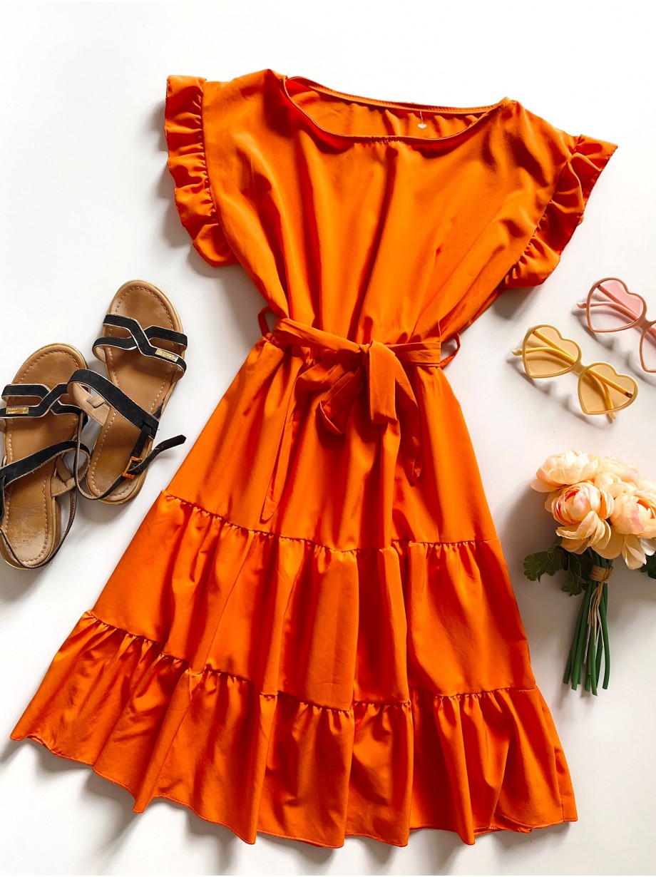 Rochie de zi scurta portocalie cu volanase la manecute