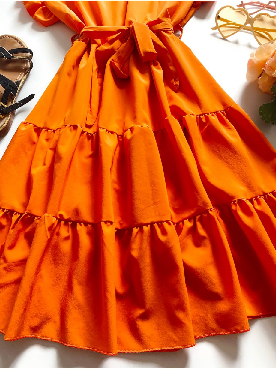 Rochie de zi scurta portocalie cu volanase la manecute