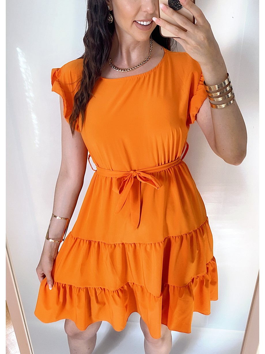 Rochie de zi scurta portocalie cu volanase la manecute