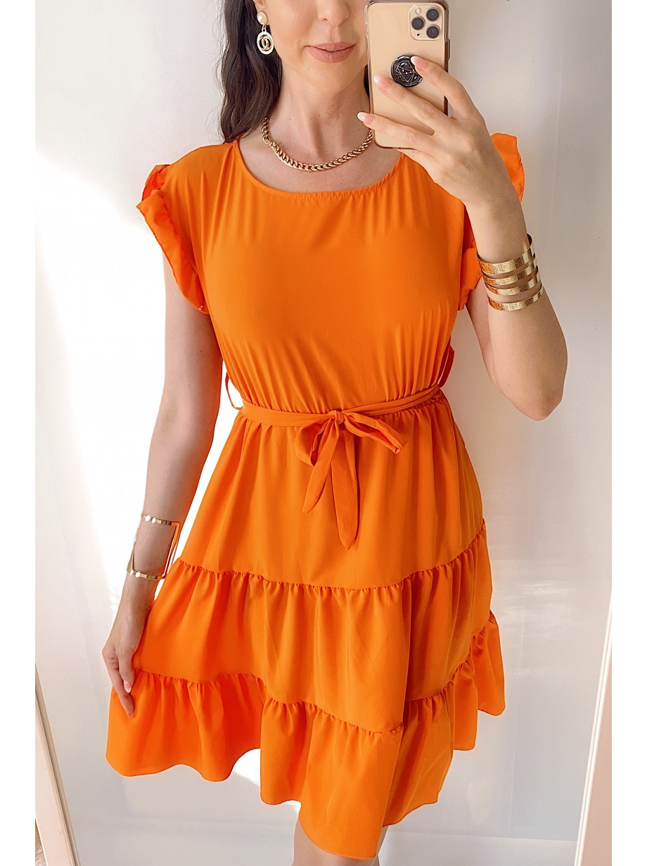 Rochie de zi scurta portocalie cu volanase la manecute