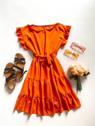Rochie de zi scurta portocalie cu volanase la manecute