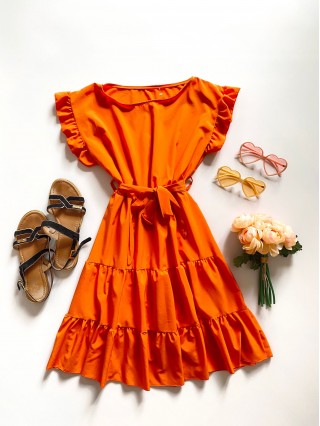 Rochie de zi scurta portocalie cu volanase la manecute