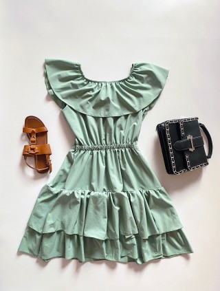 Rochie de zi scurta khaki cu volanase pe umeri