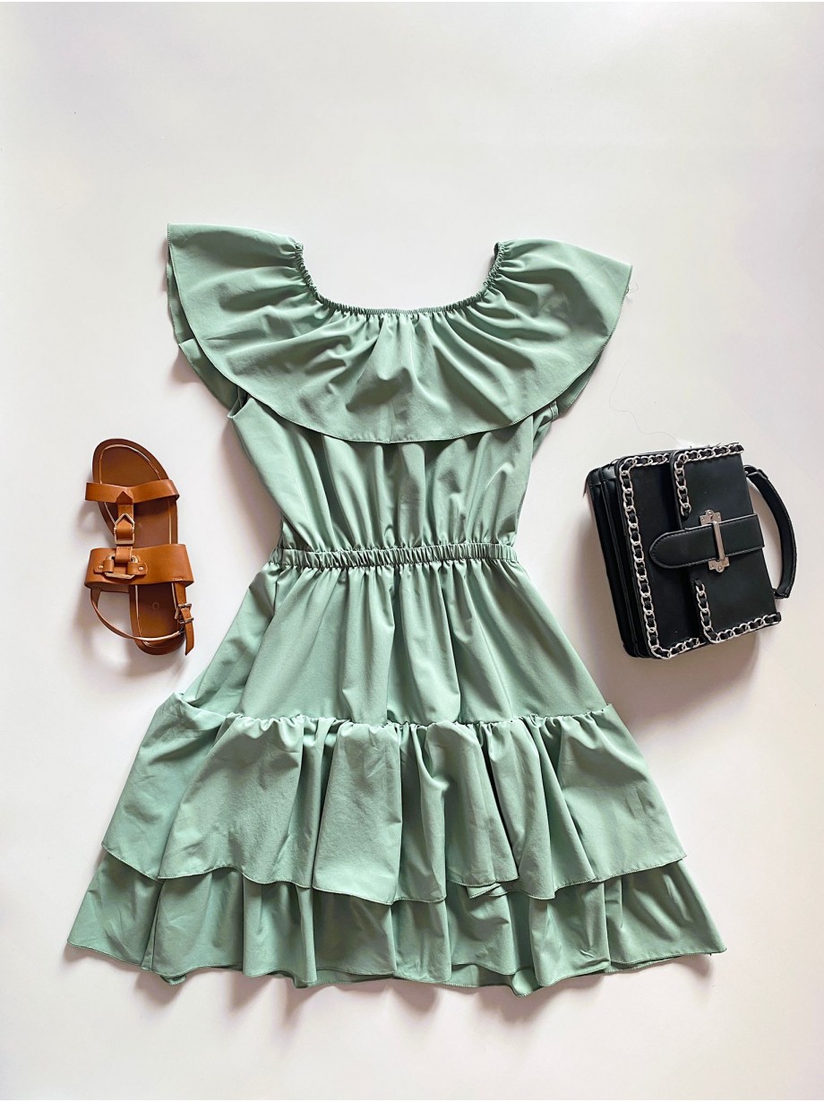 Rochie de zi scurta khaki cu volanase pe umeri