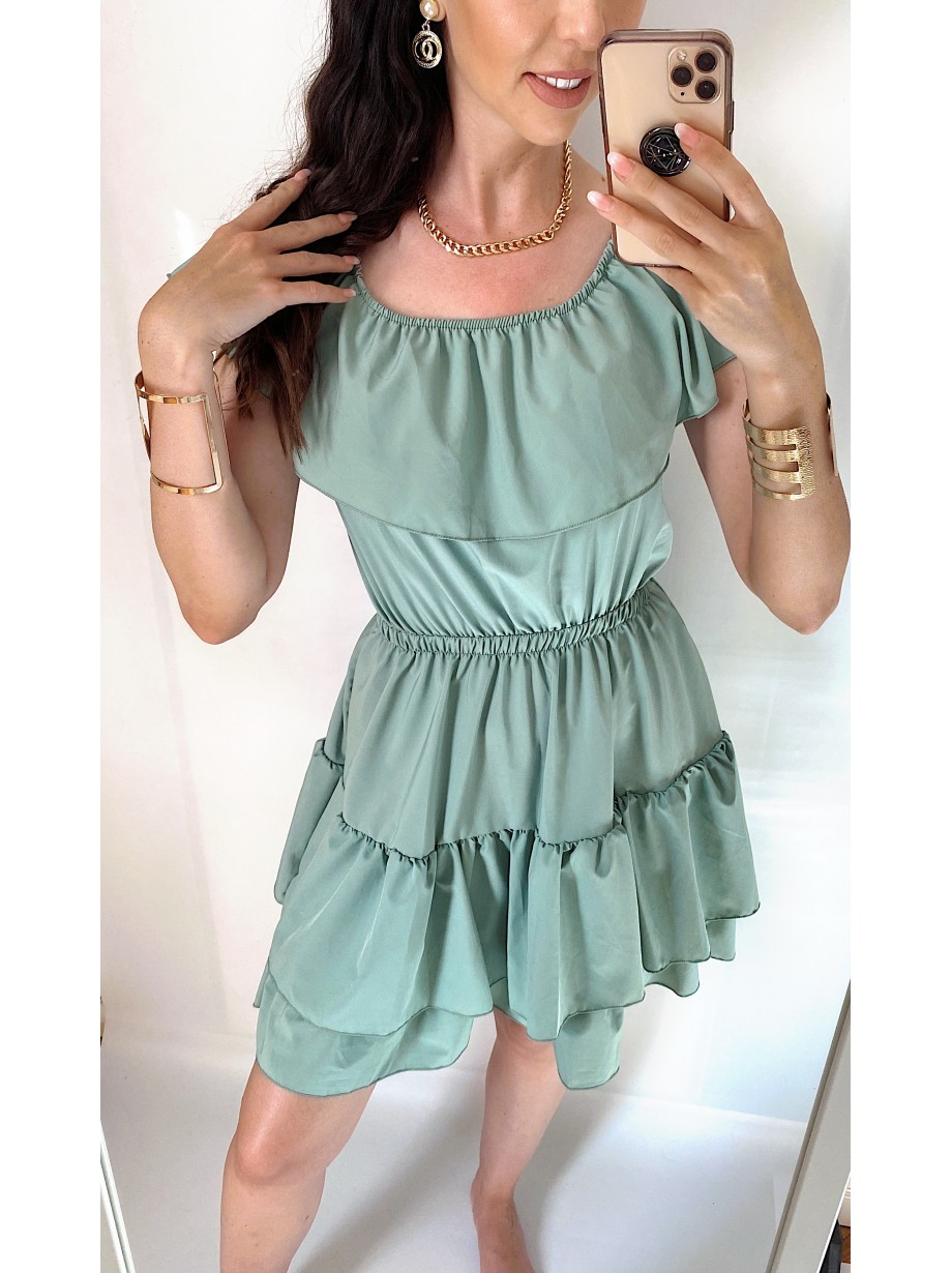 Rochie de zi scurta khaki cu volanase pe umeri