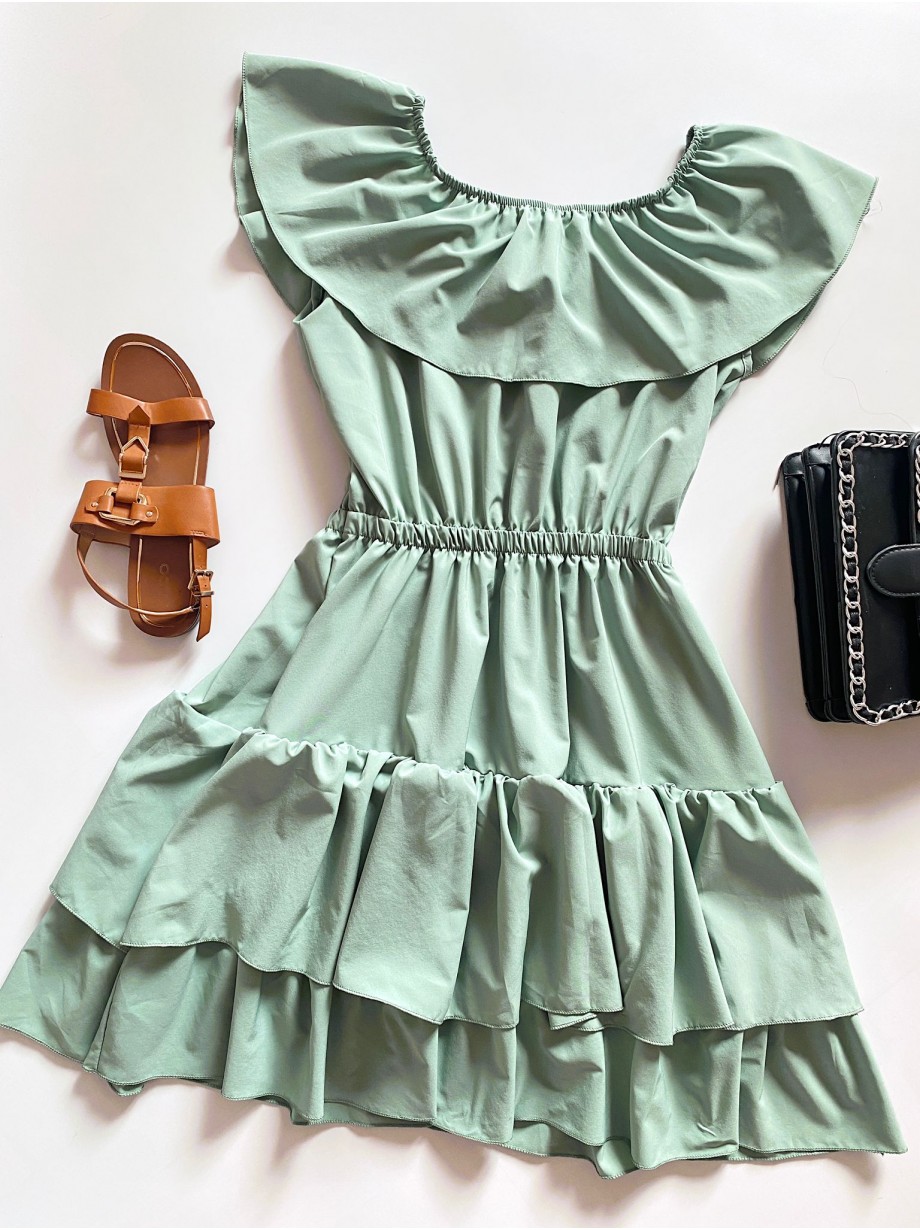 Rochie de zi scurta khaki cu volanase pe umeri