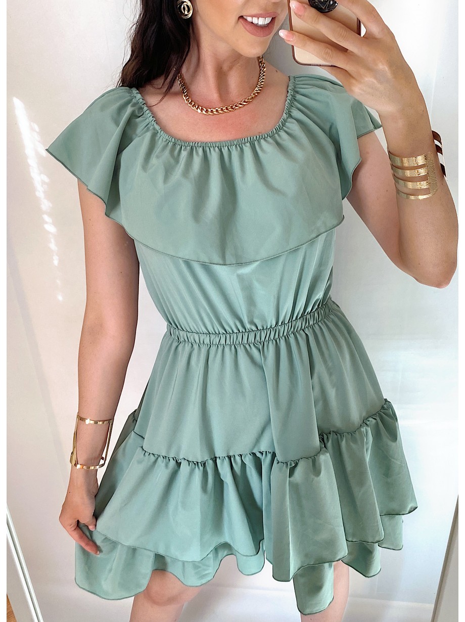 Rochie de zi scurta khaki cu volanase pe umeri