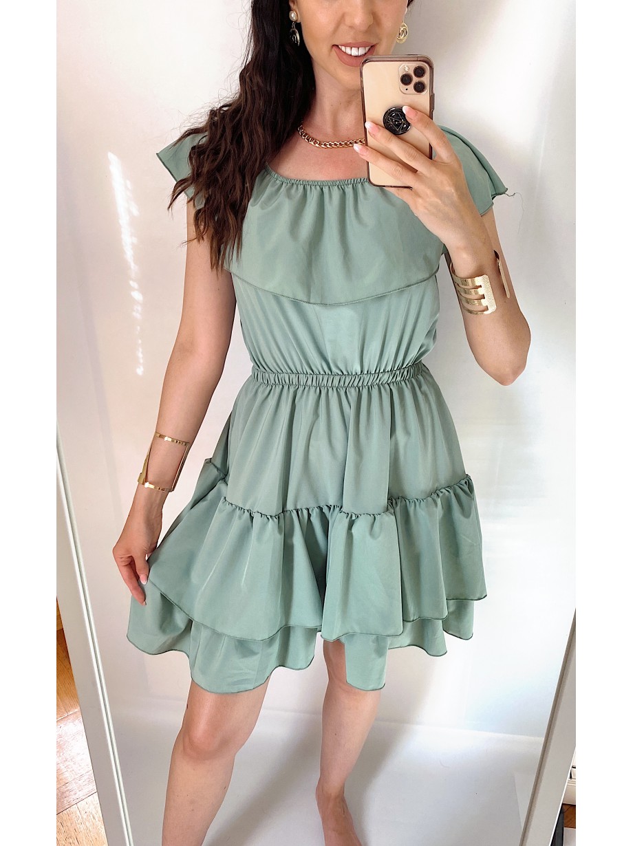 Rochie de zi scurta khaki cu volanase pe umeri