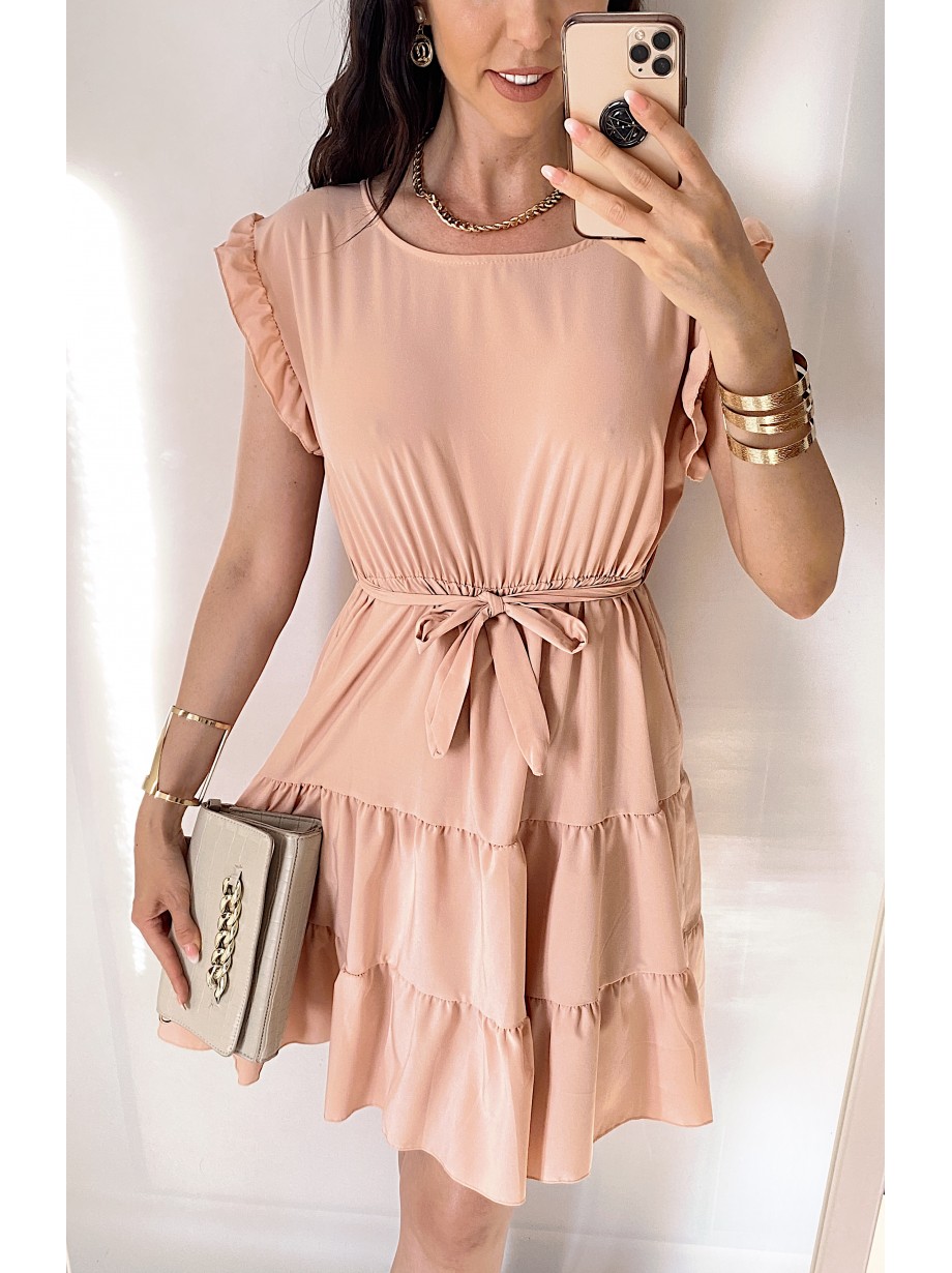 Rochie de zi scurta roz cu volanase la manecute