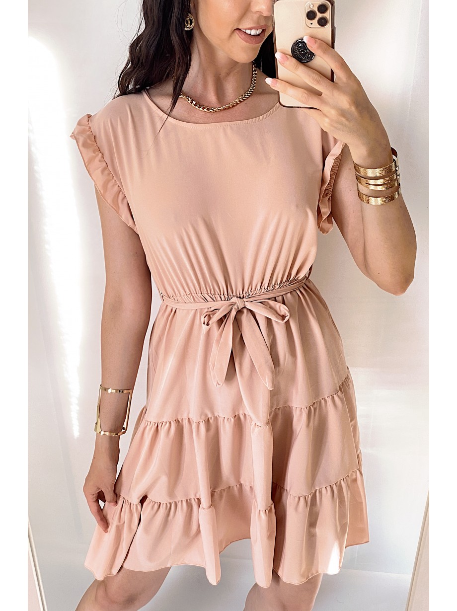 Rochie de zi scurta roz cu volanase la manecute