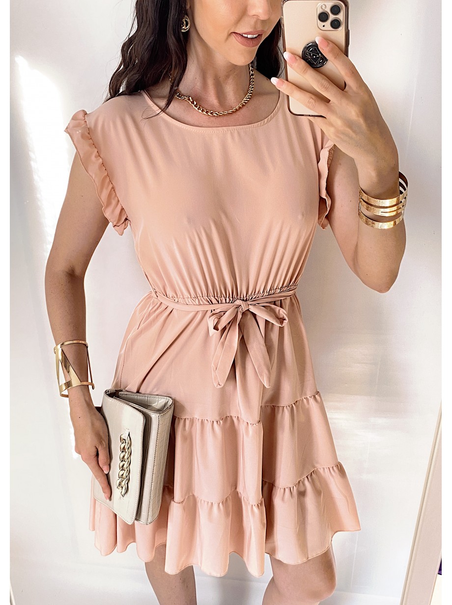 Rochie de zi scurta roz cu volanase la manecute