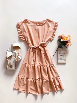 Rochie de zi scurta roz cu volanase la manecute
