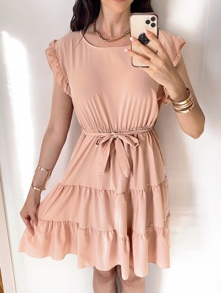 Rochie de zi scurta roz cu volanase la manecute