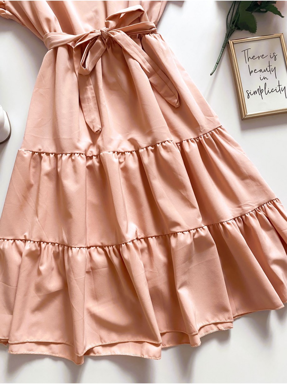 Rochie de zi scurta roz cu volanase la manecute