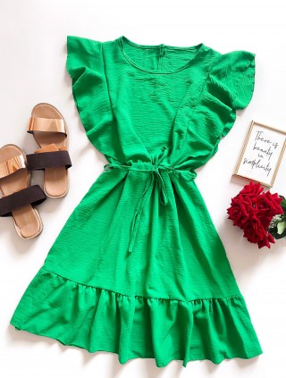 Rochie de zi scurta verde cu volanase la maneci