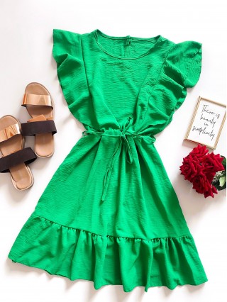 Rochie de zi scurta verde cu volanase la maneci