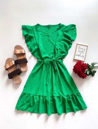 Rochie de zi scurta verde cu volanase la maneci