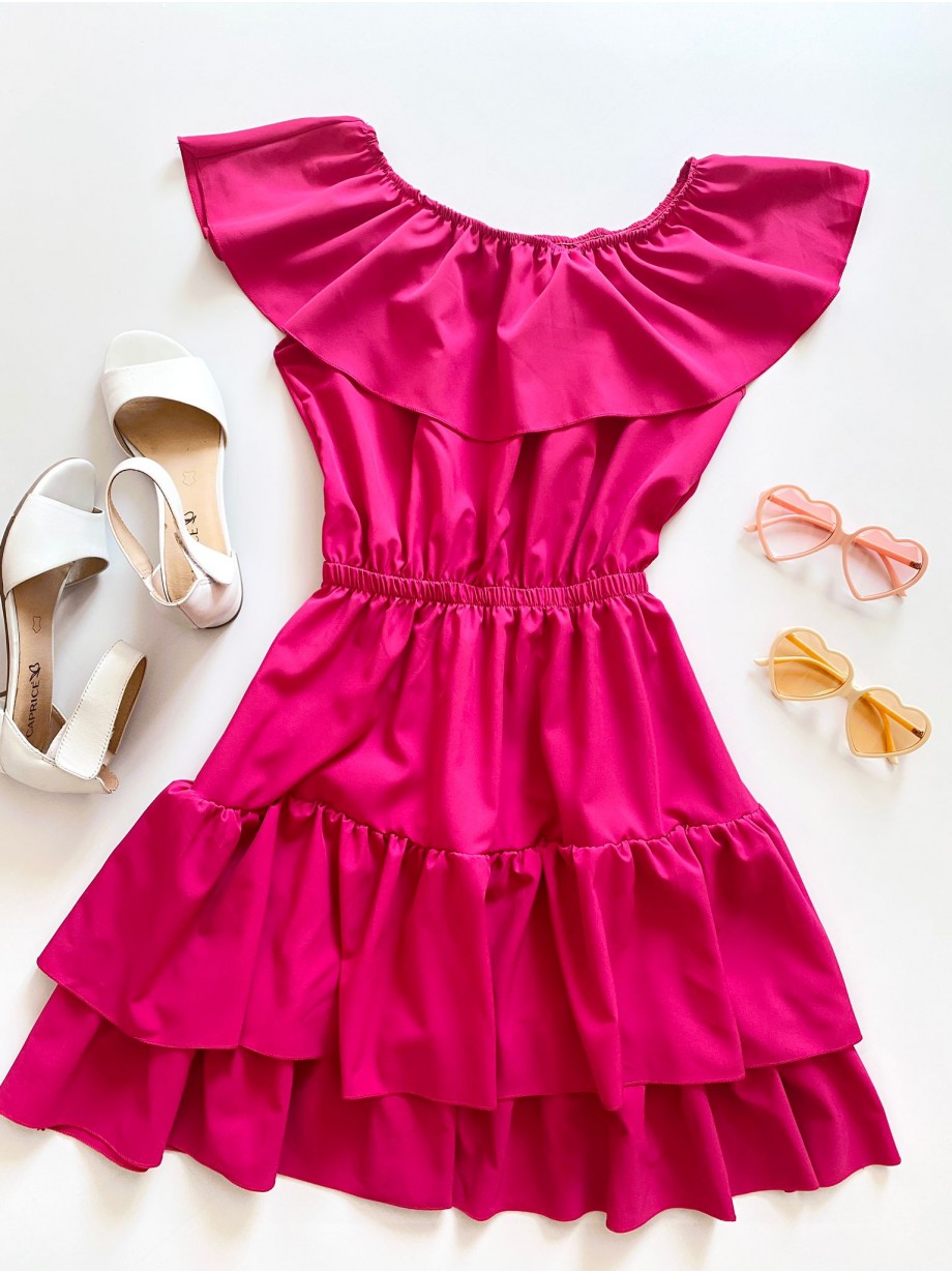 Rochie de zi scurta roz cu volanase pe umeri