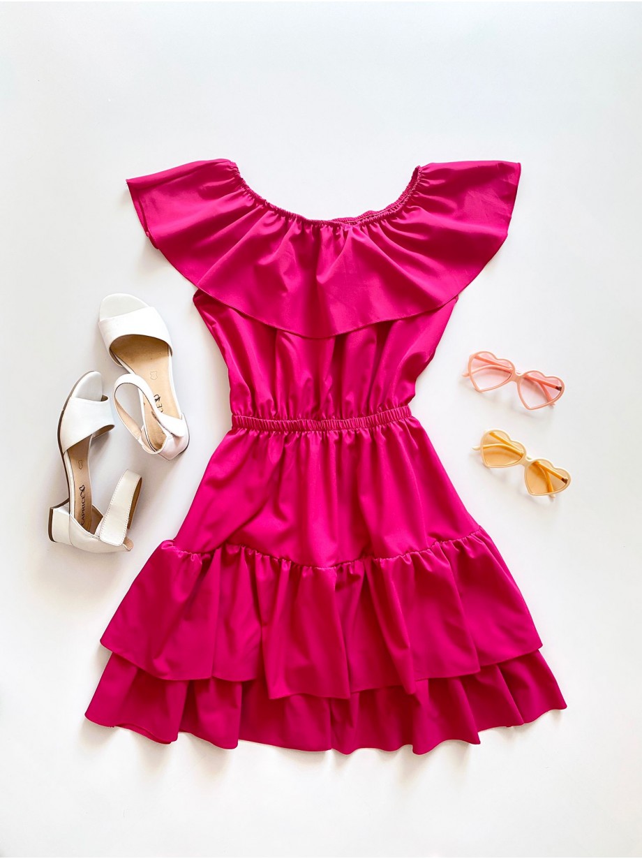 Rochie de zi scurta roz cu volanase pe umeri