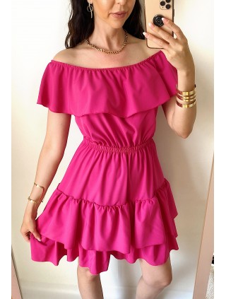 Rochie de zi scurta roz cu volanase pe umeri