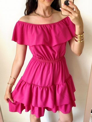 Rochie de zi scurta roz cu volanase pe umeri