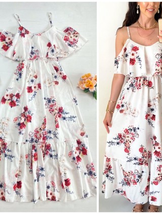 Rochie midi casual ieftina alba cu imprimeu floral si maneci cazute pe umeri