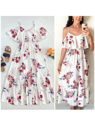 Rochie midi casual ieftina alba cu imprimeu floral si maneci cazute pe umeri