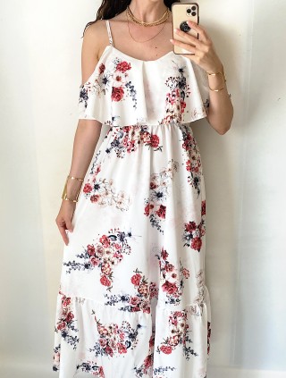 Rochie midi casual ieftina alba cu imprimeu floral si maneci cazute pe umeri