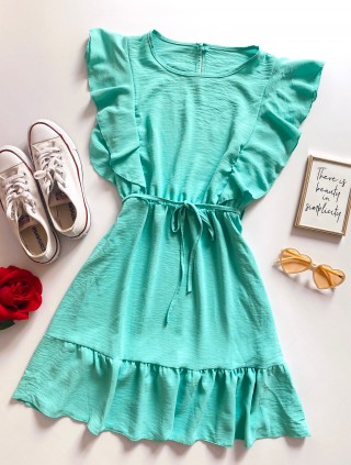 Rochie de zi scurta turcoaz cu volanase la maneci