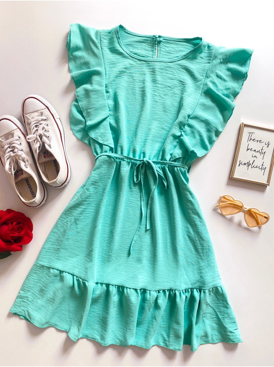 Rochie de zi scurta turcoaz cu volanase la maneci