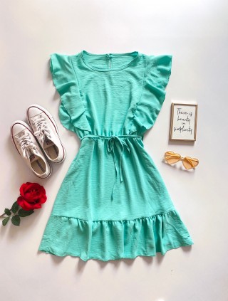 Rochie de zi scurta turcoaz cu volanase la maneci