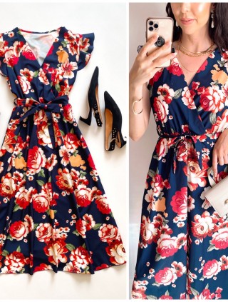 Rochie de zi midi neagra cu flori si volanase la manecute