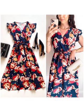 Rochie de zi midi neagra cu flori si volanase la manecute