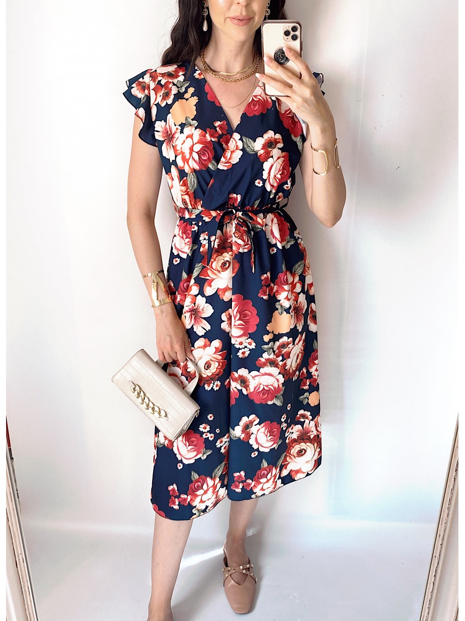 Rochie de zi midi neagra cu flori si volanase la manecute