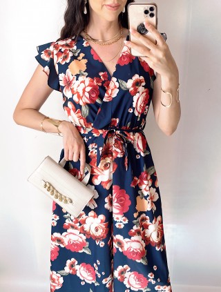 Rochie de zi midi neagra cu flori si volanase la manecute