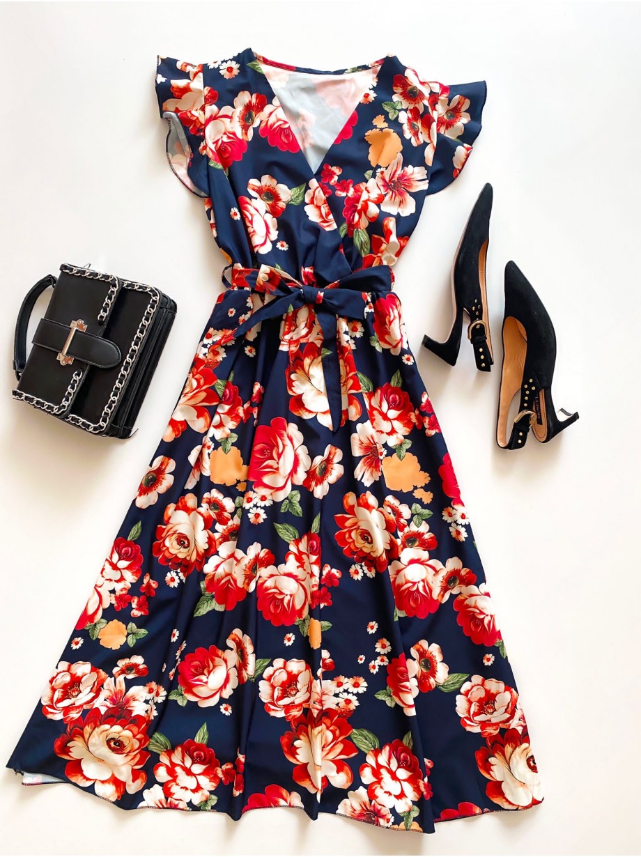 Rochie de zi midi neagra cu flori si volanase la manecute